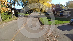 video moving mid-air in a city street showing surrounding properties of the 80\'s in the suburb with colorful mature trees