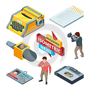 Video news and journalistic. Isometric pictures set of blogging and news symbols