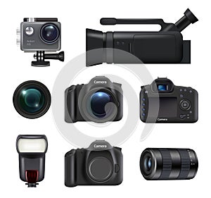Video and photo cameras. Professional dslr technic for movie and photo production lens flashes vector realistic pictures