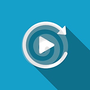 Video play button like simple replay icon isolated with long shadow. Flat design. Vector