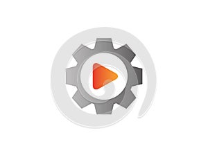 Video play icon inside a gear pinion for logo design