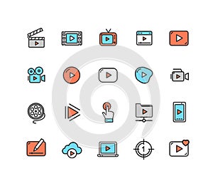 Video Play Sign Color Thin Line Icon Set. Vector