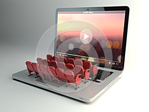 Video player app or home cinema concept. Laptop and rows of cine