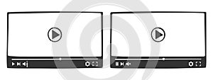 Video player interfaces in doodle style. Hand drawn online film screens with progress slider bar and buttons. Multimedia