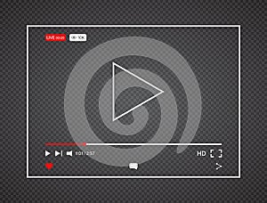 Video player. Live stream video background with 10k views. Interface web screen template. Social media player window bar