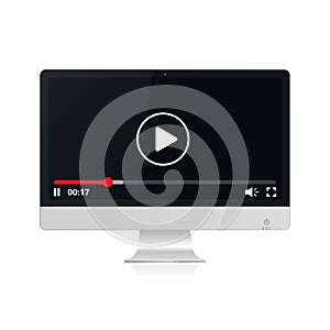 Video player on realistic pc computer monitor, vector illustration