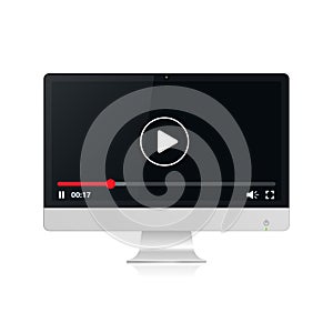 Video player on realistic pc computer monitor, vector illustration