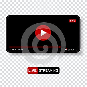 Video Player Template Design. Mockup live stream window, player. Social media concept