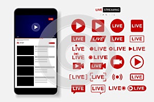 Video Player Template Design. Mockup live stream window, player. Social media concept