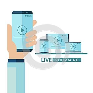 Video player window live streaming. Hand holding smartphone with play button on screen. Desktop computer, laptop and tablet.