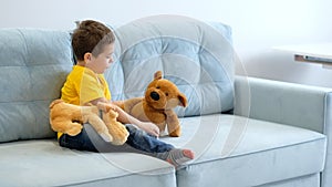 Video Portrait of little boy with teddy bear at home. baby hugs a soft toy.