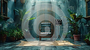 Video producer chair in a room with green plants