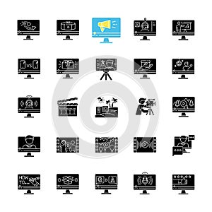 Video production black glyph icons set on white space