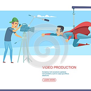Video production. camera operator filming flying super hero. Vector concept background