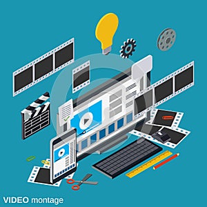 Video production, editing, montage vector concept