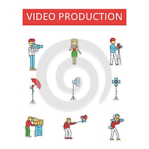 Video production illustration, thin line icons, linear flat signs, vector symbol