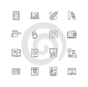 Video production line icons collection. Cinematography, Scriptwriting, Editing, Lighting, Sound, Graphics, Motion