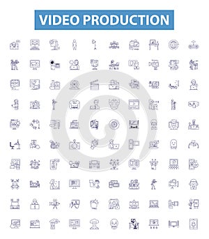 Video production line icons, signs set. Cinematography, Filming, Editing, Animating, Directing, Sound Effects, Music
