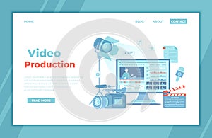 Video Production, Recording, Videography, Blogging. Design tv news studio. Ð¡amera, microphone, clapper board, video editor
