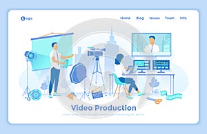 Video Production, Recording, Videography, Blogging. Video filming in the studio with presenter. Video editing on monitors. landing