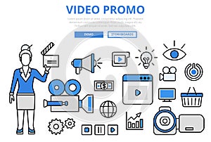 Video promo digital marketing concept flat line art vector icons