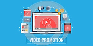 Video promotion, marketing, advertising, gone viral concept. Flat design marketing banner.