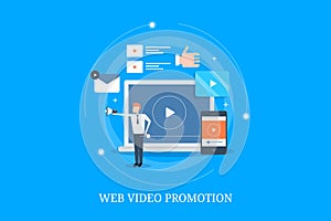 Video promotion and marketing on web, digital video advertising, businessman promoting video content. Flat design vector banner.