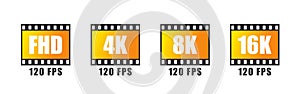 Video resolution icons set. Video image size. Full HD, 4k ultra HD, 8k 16k screen resolution badges. Vector illustration