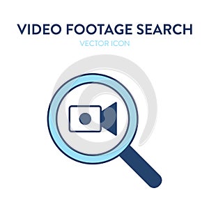 Video search icon. Vector illustration of a magnifier tool with video camera icon inside. Represents concept of finding a video,