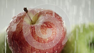 In the video we see apples, water starts pouring from the top like waves, close-up, white background