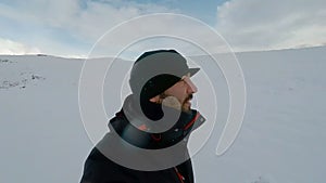 Video Selfie, young man Turist in winter Iceland