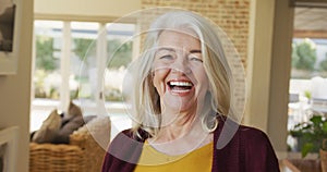 Video of senior happy smiling caucasian woman inside of house