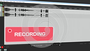 Video that shows moving waveform of audio recording on computer to the stereo track online and warns user with blinking