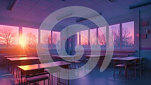 An Video of a spacious classroom featuring multiple unoccupied desks and large windows, Spectral view of a quiet empty classroom