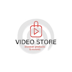 Video Store,review video blog shop emblem logo,web online concept.Play button,shape of bag package,network conceptions photo