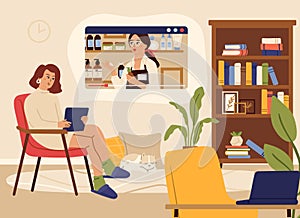 Video streaming. Woman watch online show, beauty information channel. Blogger, female character relax at home vector