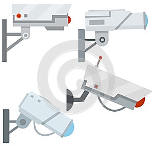 Video surveillance camera. Cartoon flat illustration. Fixation in the wall. White CCTV device with lens
