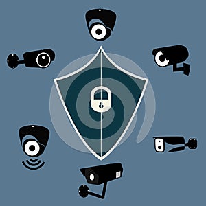 Video surveillance security cameras graphic pictograms set isolated vector illustration.