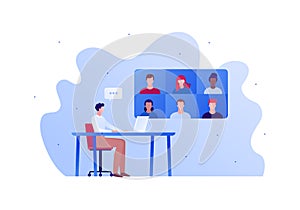 Video teleconference for home education or friend party concept. Vector flat person illustration. Group of people avatar on screen