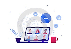 Video teleconference for home office or friend party concept. Vector flat person illustration. Group of multiethnic people avatar