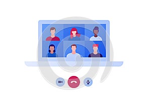 Video teleconference and remote online meeting concept. Vector flat person illustration. Group of multiethnic people avatar on