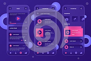Video tube neumorphic elements kit for mobile app. Video playlist, multimedia content, feedback, webpage navigation. UI, UX, GUI