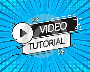 Video tutorial icon on blue background. Video tutorial banner