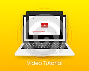 Video tutorial icon on computer window browser, concept of webinar, business online training, education or e-learning