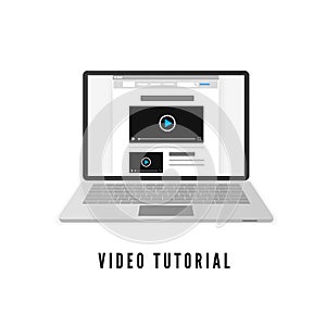 Video tutorial. Laptop with website on monitor. Vector illustration isolated on white background