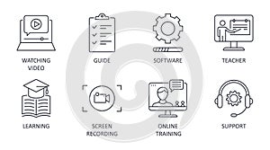 Video tutorial line icons. Vector set editable stroke. Learning lesson watching video guide. Software screen recording teacher