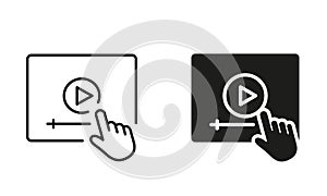 Video Tutorials Silhouette and Line Icon Set. Video Player with Mouse Pointer Black Sign. E-learning and Online