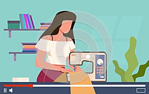 Video tutorials. Vector online needlework lessons, woman with sewing machine on computer screen, internet handiwork