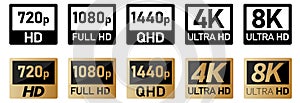 Video or tv screen resolution icons set. Black, white and golden version, size from 720p to 8k photo