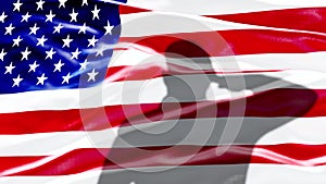 Video US Army Soldier silhouette salutes the waving American Flag, 4K 3D. Concept: USA army, Memorial Day, American Flag